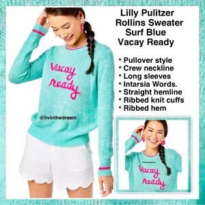 #T20 Lilly Pulitzer Rollins Sweater Surf Blue Vacay Ready Intarsia SZ S $148